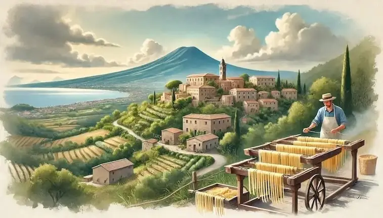 Watercolour-illustration-Gragnano-town-near-amalfi-coast-naples-pasta-making-Italy-image