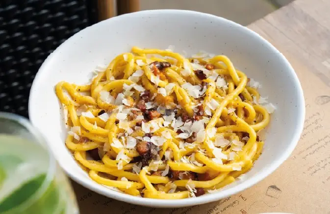 Pancetta carbonara at Emilia's fresh pasta restaurant in London
